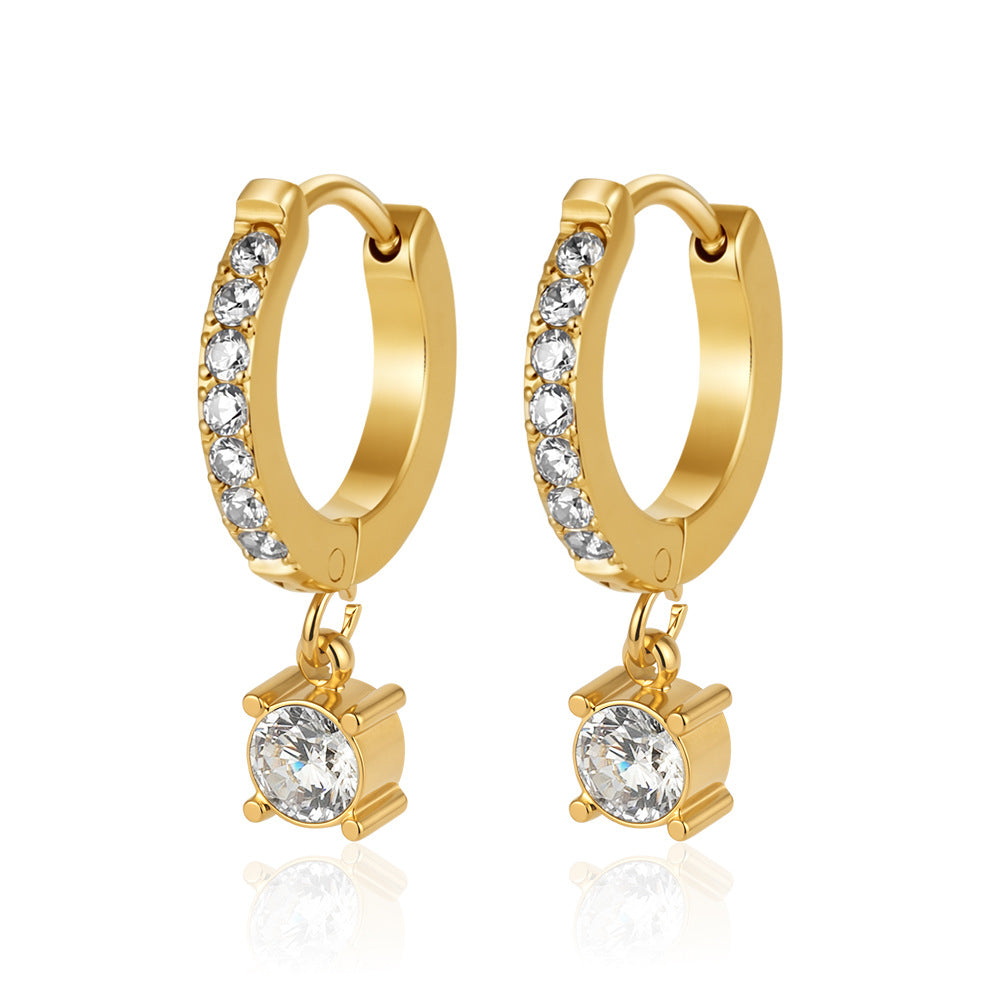 Lumious Earrings — crystal huggie hoops with solitaire drop, 18K gold plated stainless steel | Glitze