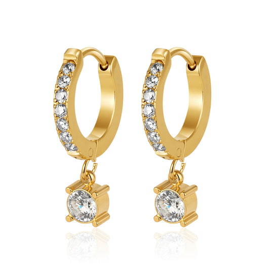 Lumious Earrings — crystal huggie hoops with solitaire drop, 18K gold plated stainless steel | Glitze