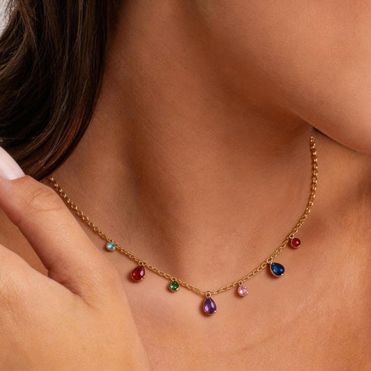 Spectrum Necklace — multicolour teardrop crystal gold necklace, 18K gold plated stainless steel | Glitze