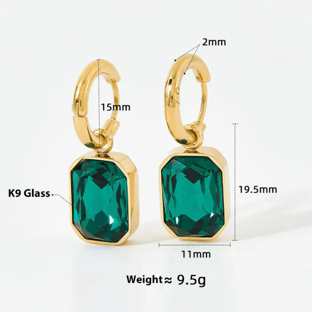 Green Gemma Earrings by Glitze Accessories featuring elegant, dangling gemstone design with gold-tone accents.