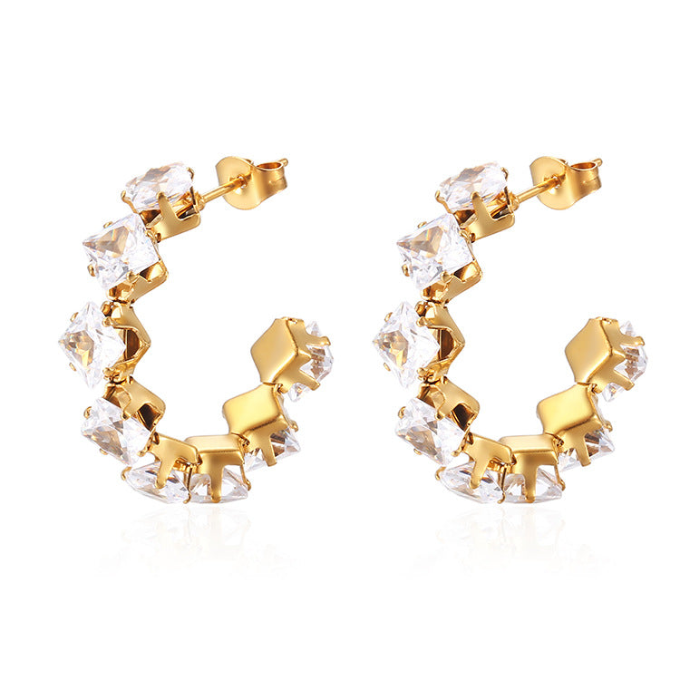 Ruelle Studs — crystal C-hoop gold studs, 18K gold plated stainless steel | Glitze