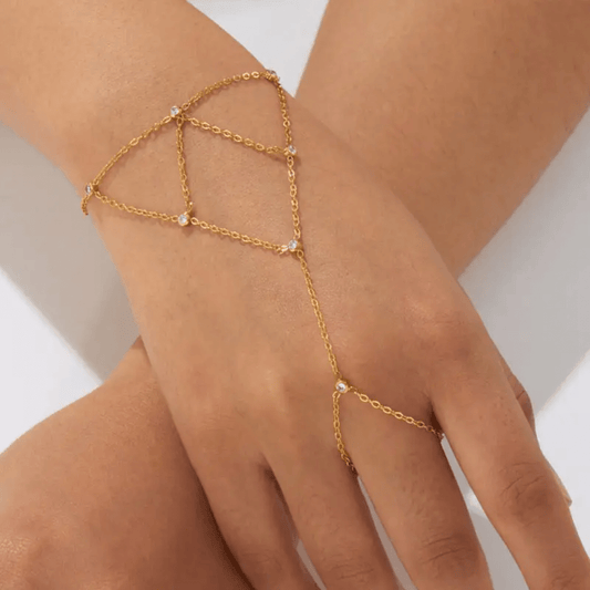 Evoke Handchain side view – confidence and glamour gold hand chain by Glitze Accessories