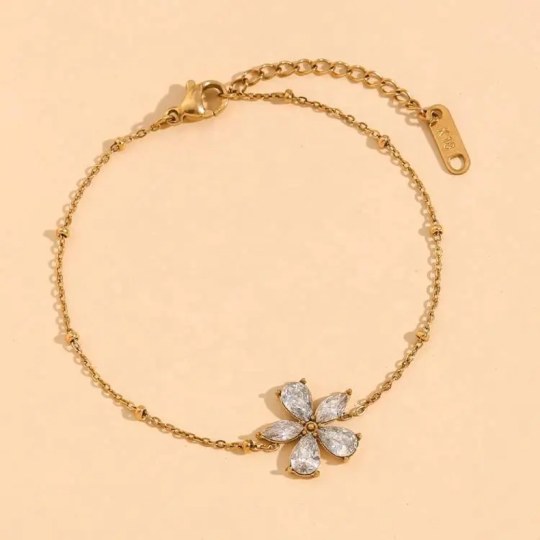Zella Bracelet close-up – pear-cut crystal flower on beaded gold chain by Glitze Accessories
