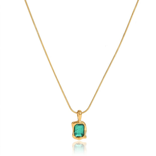 Eden Necklace Green — green crystal pendant on gold snake chain, 18K gold plated stainless steel | Glitze