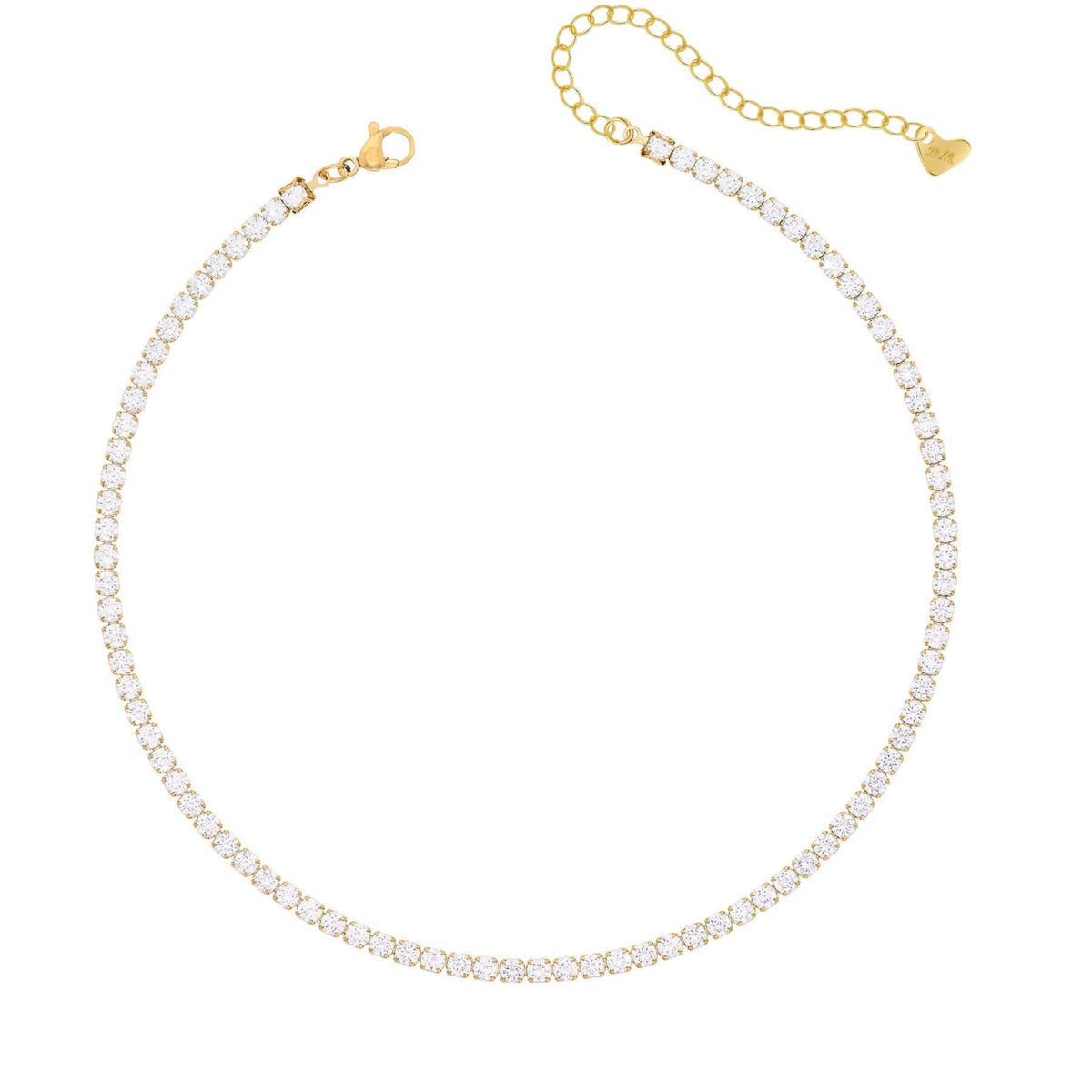 Tennis Necklace — crystal tennis choker with extender chain, 18K gold plated stainless steel | Glitze