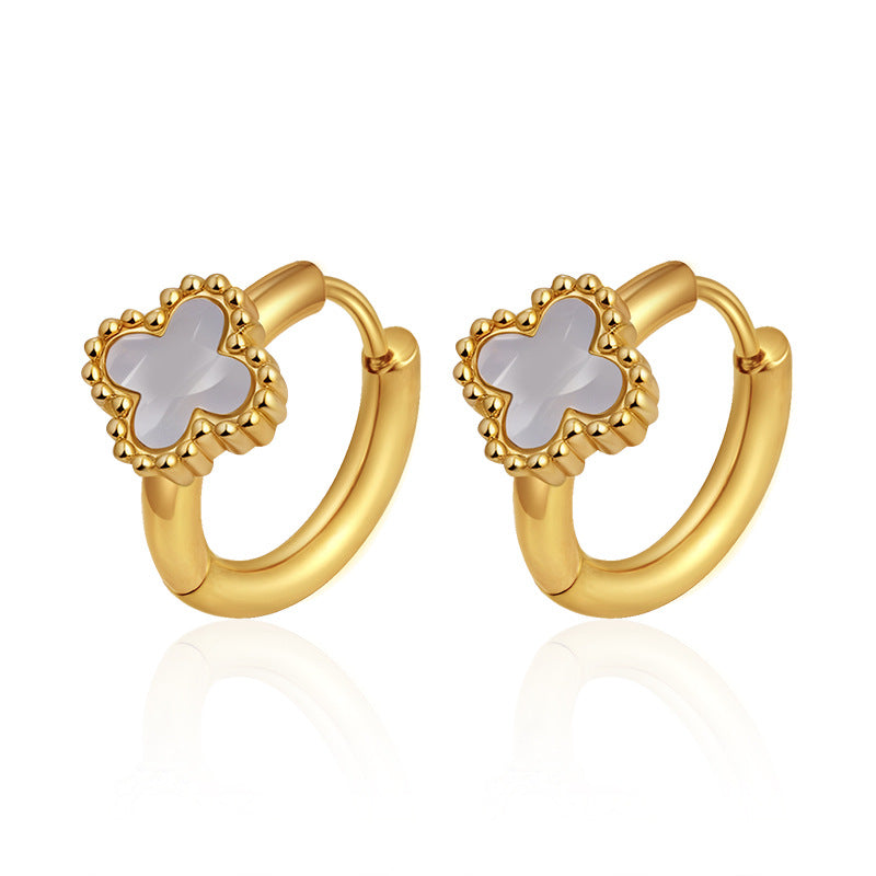 Clover Studs White — white clover gold huggie hoops, 18K gold plated stainless steel | Glitze