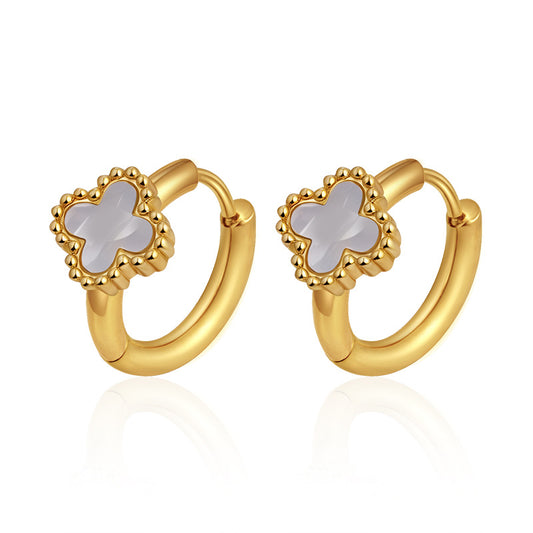 Clover Studs White — white clover gold huggie hoops, 18K gold plated stainless steel | Glitze
