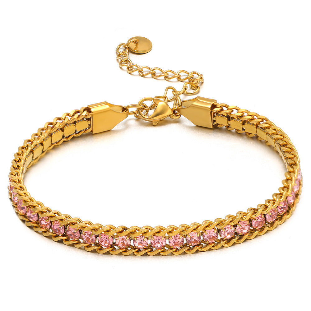 Ayleen Bracelet Pink – 18K gold plated layered chain bracelet with pink crystals by Glitze Accessories