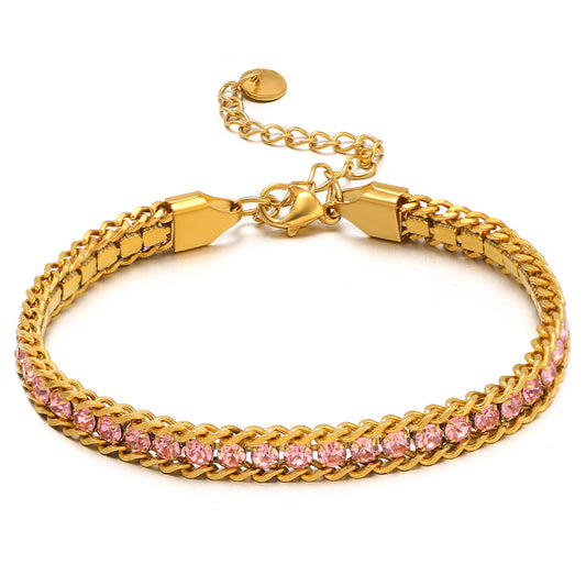 Ayleen Bracelet Pink – 18K gold plated layered chain bracelet with pink crystals by Glitze Accessories