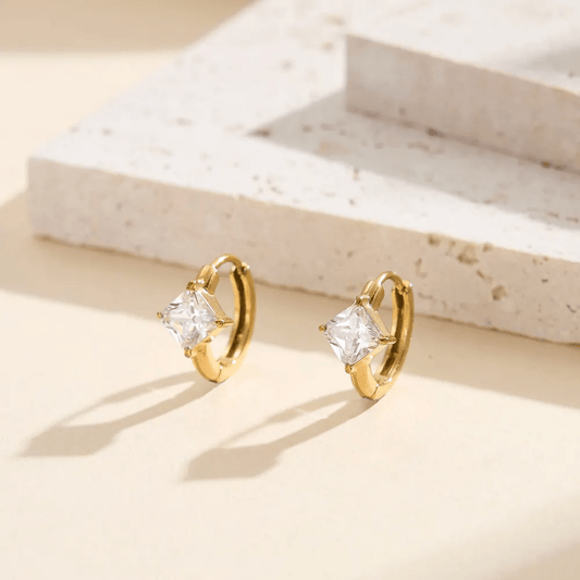 Vektor Earrings close-up — waterproof hypoallergenic gold earrings | Glitze Accessories