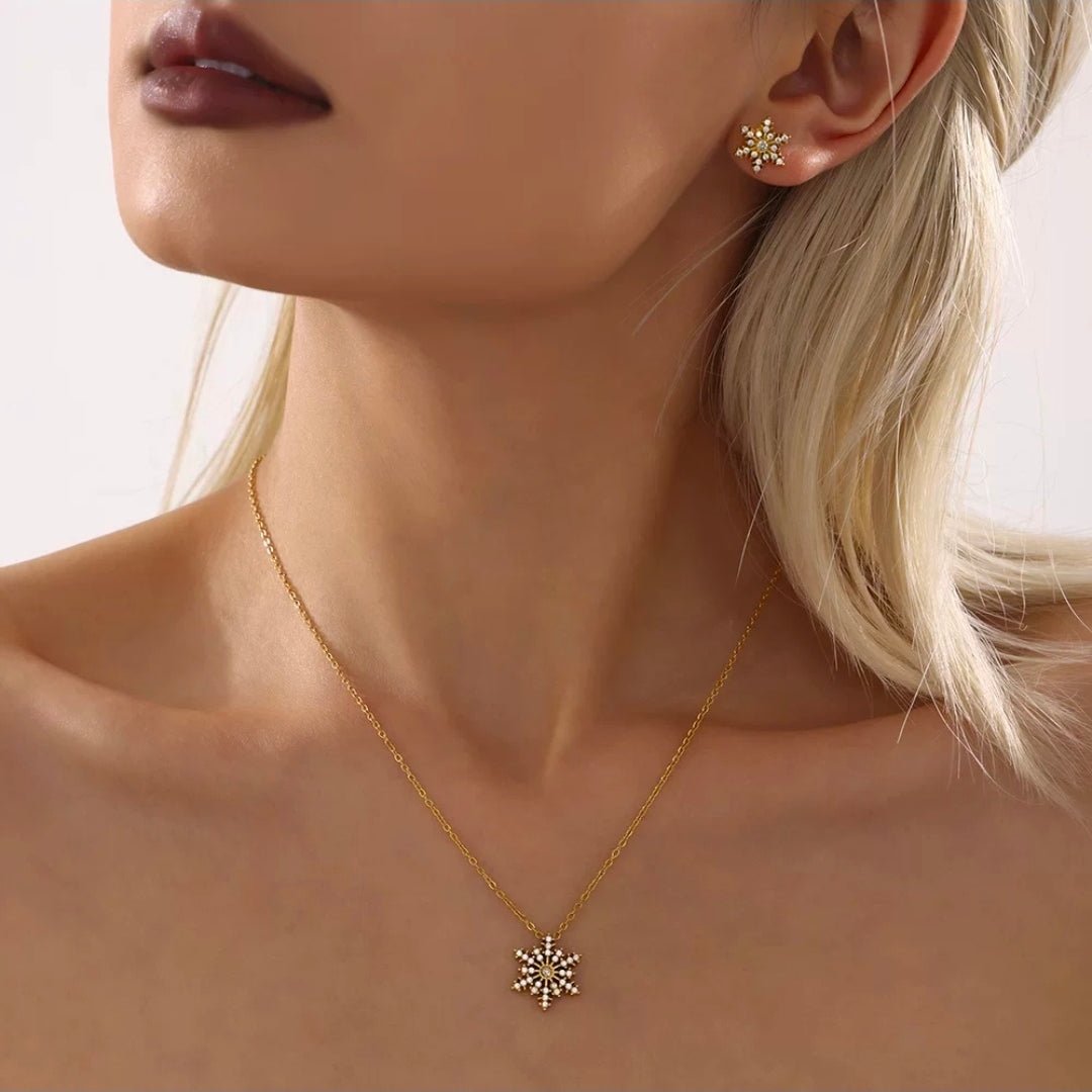 Simple Glitze Accessories snowflake necklace with a delicate silver chain and snowflake pendant on a white background.