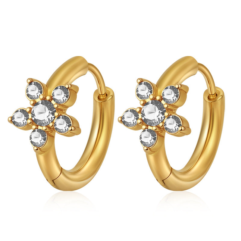 Tulip Studs — crystal flower gold huggie hoops, 18K gold plated stainless steel | Glitze
