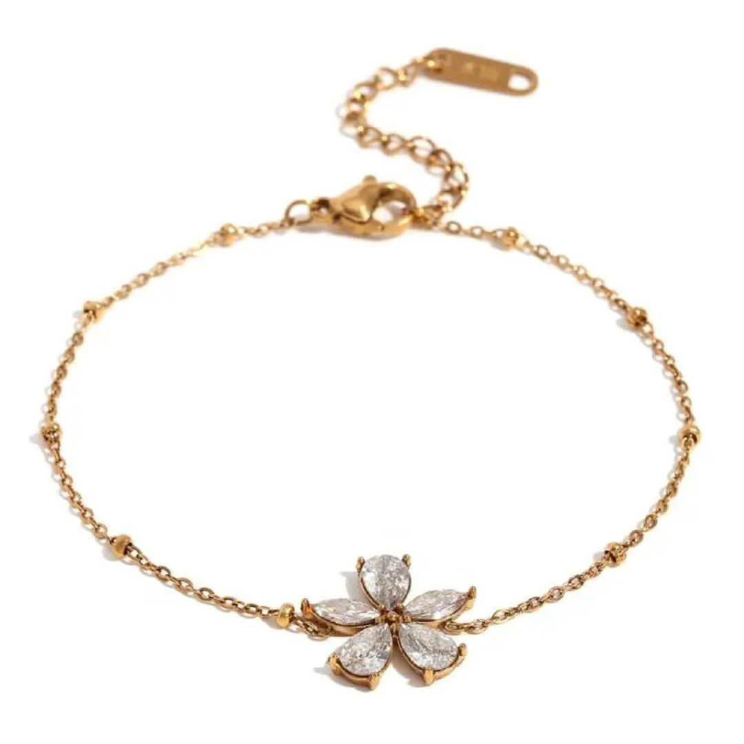 Zella Bracelet – 18K gold plated chain bracelet with crystal flower centrepiece by Glitze Accessories